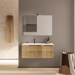 Mobile bagno sospeso 100 cm rovere europeo cannettato e specchio - Konai