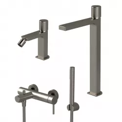 Set miscelatore lavabo alto e bidet senza scarico con esterno vasca nikel spazzolato - Surf