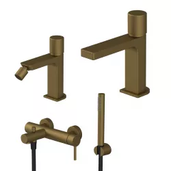 Set miscelatore lavabo e bidet senza scarico con esterno vasca oro satinato - Surf