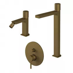 Set miscelatore lavabo alto e bidet senza scarico con incasso doccia con deviatore oro satinato - Surf