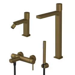 Set miscelatore lavabo alto e bidet senza scarico con esterno vasca oro satinato - Surf