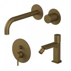 Set miscelatore incasso lavabo e bidet senza scarico con incasso doccia con deviatore oro satinato - Surf