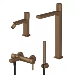 Set miscelatore lavabo alto e bidet senza scarico con esterno vasca rame satinato - Surf