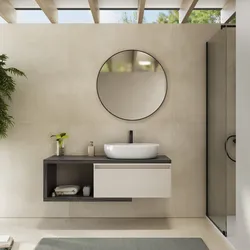 Mobile bagno sospeso 130 cm rovere grigio con cassettone rovere bianco e specchio - Balik
