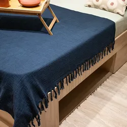 Copriletto 130x170 cm in cotone blu con frange - Bea