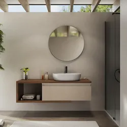 Mobile bagno sospeso 150 cm rovere deciso con cassettone argilla e specchio - Balik