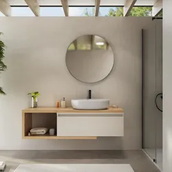 Mobile bagno sospeso 150 cm rovere gold con cassettone rovere bianco e specchio - Balik