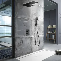 Set incasso doccia con soffione controsoffitto 48x34 in acciaio inox e doccino nero opaco - Lindos