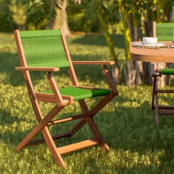 Sedia pieghevole con braccioli in legno di acacia e corda verde - Yadira