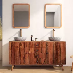 Mobile bagno portalavabo 145 cm con 4 cassetti e 2 ante in legno di acacia effetto cannettato - Freia