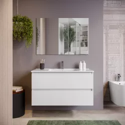 Mobile bagno sospeso 100 cm bianco opaco con lavabo integrato e specchio - Anami