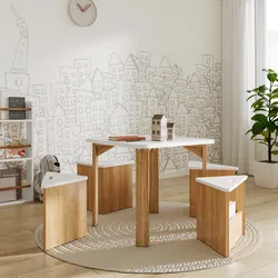 Set tavolino e 4 sgabelli per bambini in legno bianco e naturale - Lollipop