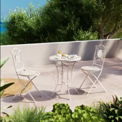 Set bistrot in metallo panna con tavolo Ø 60 cm piano effetto terrazzo veneziano e 2 sedie pieghevoli - Otranto Color