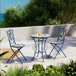 Set bistrot in metallo blu notte con tavolo Ø 60 cm piano maioliche e 2 sedie pieghevoli - Otranto Color