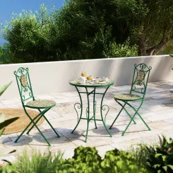 Set bistrot in metallo verde con tavolo Ø 60 cm piano maioliche e 2 sedie pieghevoli - Otranto Color