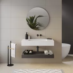 Top lavabo bianco 100 cm con piano da appoggio rovere grigio e specchio - Medina