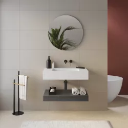 Top lavabo bianco opaco 80 cm con piano da appoggio rovere grigio e specchio - Medina