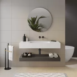 Top lavabo bianco opaco 120 cm con piano da appoggio rovere grigio e specchio - Medina