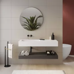 Top lavabo sx bianco opaco 120 cm con piano da appoggio rovere grigio e specchio - Medina