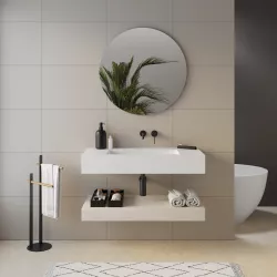 Top lavabo bianco 100 cm con piano da appoggio rovere bianco e specchio - Medina