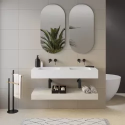 Top doppio lavabo bianco opaco 120 cm con piano da appoggio rovere bianco e specchi - Medina