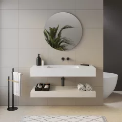 Top lavabo bianco opaco 120 cm con piano da appoggio rovere bianco e specchio - Medina