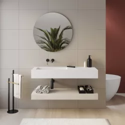 Top lavabo sx bianco opaco 120 cm con piano da appoggio rovere bianco e specchio - Medina