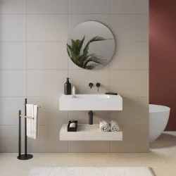 Top lavabo bianco opaco 80 cm con piano da appoggio rovere bianco e specchio - Medina