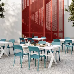 Set pranzo tavolo in alluminio 160x85 cm e 4 sedie impilabili blu petrolio - Paint