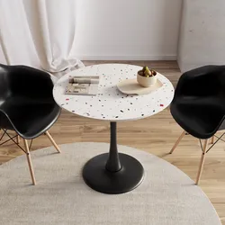 Tavolo rotondo 80 cm struttura metallo nero e top stone effetto terrazzo veneziano - Tulipano