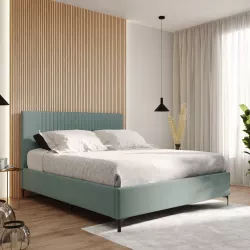 Letto matrimoniale 160x190 cm in tessuto effetto maglia verde salvia con contenitore - Maverick