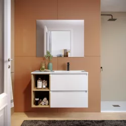 Mobile bagno sospeso 90 cm bianco opaco con lavabo dx e vano a giorno rovere africa - Anami