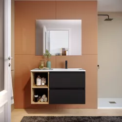 Mobile bagno sospeso 90 cm nero opaco con lavabo dx e vano a giorno rovere africa - Anami