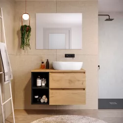 Mobile bagno portalavabo 90 cm rovere africa con vano a giorno nero opaco e specchio - Anami