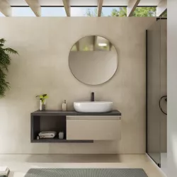 Mobile bagno sospeso 120 cm rovere grigio con cassettone argilla e specchio - Balik