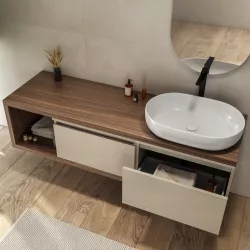 Mobile bagno sospeso 160 cm rovere deciso con cassettoni argilla e