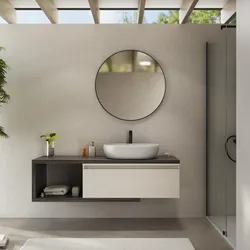 Mobile bagno sospeso 140 cm rovere grigio con cassettone rovere bianco e specchio - Balik