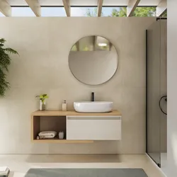 Mobile bagno sospeso 120 cm rovere gold con cassettone rovere bianco e specchio - Balik