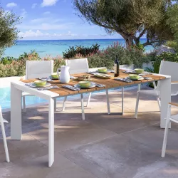 Tavolo da pranzo allungabile con piano effetto legno 200/250x100 cm in alluminio bianco - Carioca Wood