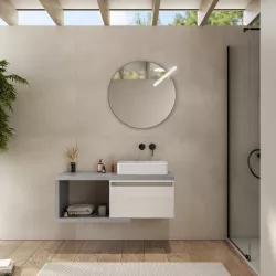 Mobile bagno sospeso 110 cm grigio pietra con cassettone rovere bianco e specchio - Balik