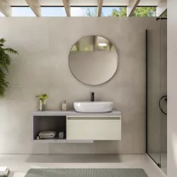 Mobile bagno sospeso 120 cm grigio pietra con cassettone rovere bianco e specchio - Balik