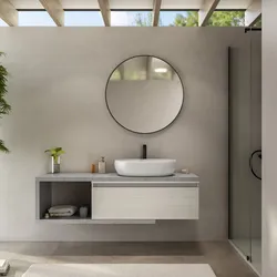 Mobile bagno sospeso 150 cm grigio pietra con cassettone rovere bianco e specchio - Balik