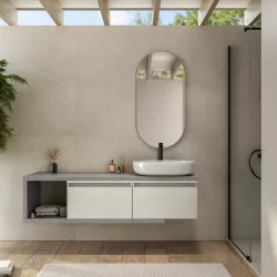 Mobile bagno sospeso 160 cm grigio pietra con cassettoni rovere bianco e specchio - Balik