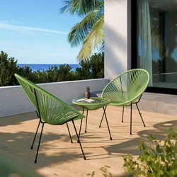 Set relax con 2 poltrone e tavolino rotondo 46 cm in metallo nero e corda verde - Kalimba