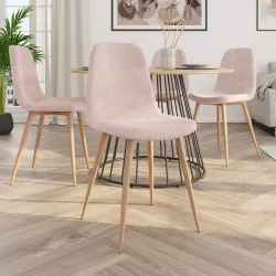 Set 4 sedie in velluto a coste rosa cipria con gambe in metallo effetto legno - Finesse
