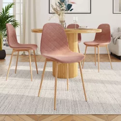 Set 4 sedie in velluto trapuntato rosa antico con gambe in metallo effetto legno - Finesse
