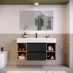 Mobile bagno sospeso 120 cm nero opaco con lavabo e vani a giorno rovere africa - Anami