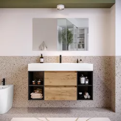 Mobile bagno sospeso 120 cm rovere africa con lavabo e vani a giorno nero opaco - Anami