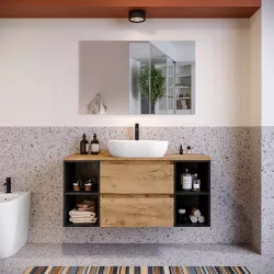 Mobile bagno portalavabo 120 cm rovere africa con vani a giorno nero opaco e specchio - Anami