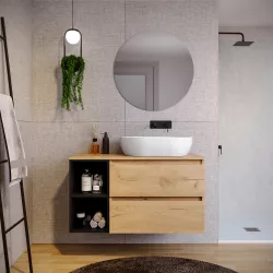 Mobile bagno portalavabo 100 cm rovere africa con vano a giorno nero opaco e specchio - Anami